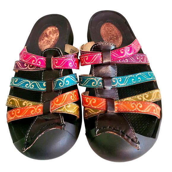 Elite By Corkys Stylish Multicolor Leather Sandals, Size 6.5/37, Closed Toe - Picture 1 of 9